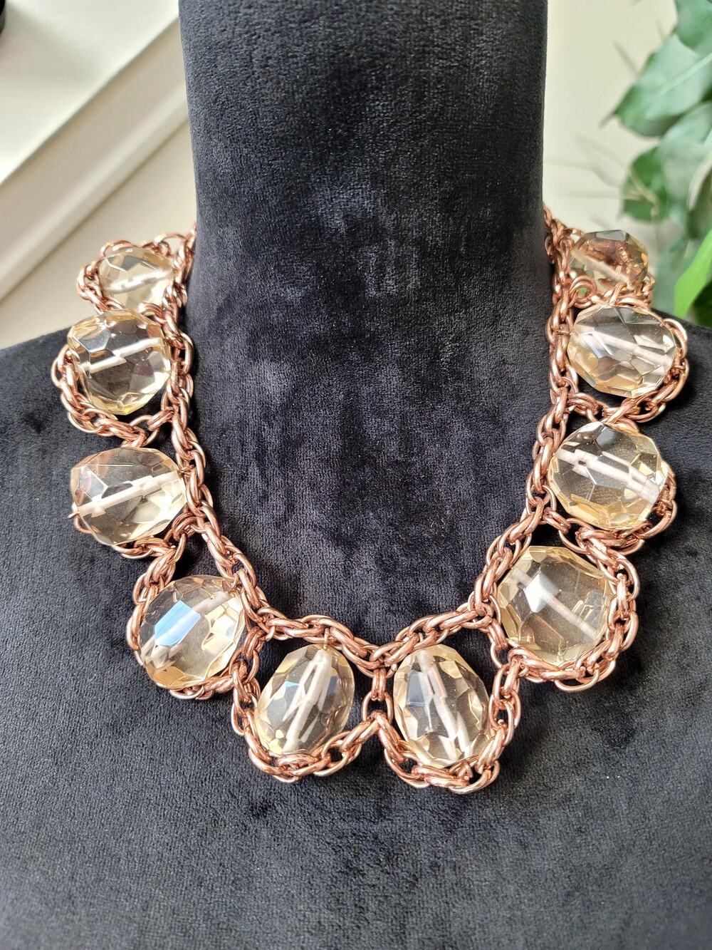 Women's J Crew Rose Gold Tone Faceted Crystal Statement Chain Necklace Bib